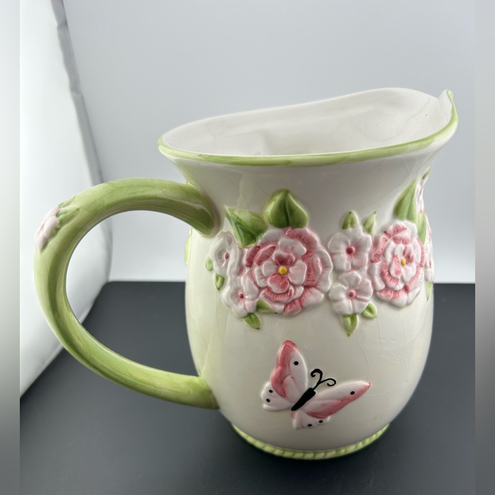 Charming Ceramic Pitcher with Floral and Butterfly Design